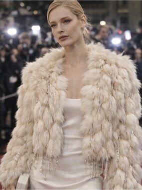 Real Fox Fur Cropped Jacket – Ivory with Sequin Fringe Detail (2026 Production)